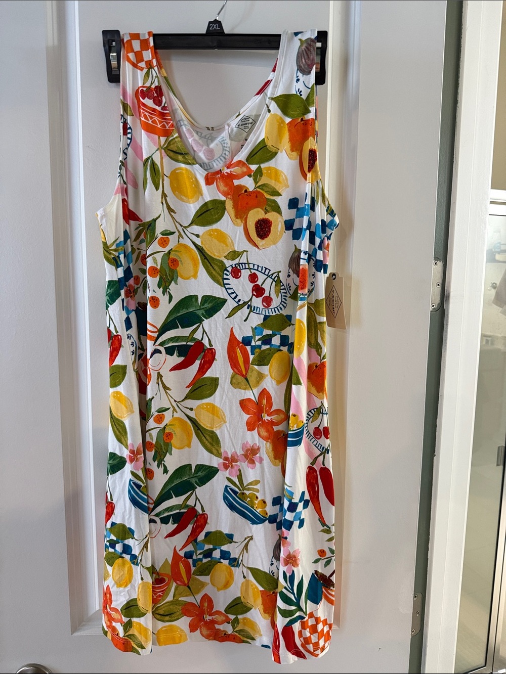 St. John’s Bay White Midi Dress with Yellow, Red, Green & Blue Fruit Print